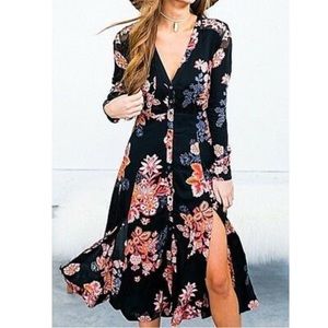 Free People Black Floral Midi Dress